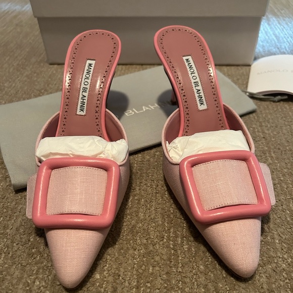 Manolo Blahnik Maysale 70 linen mules light pink size 37 - Picture 6 of 8